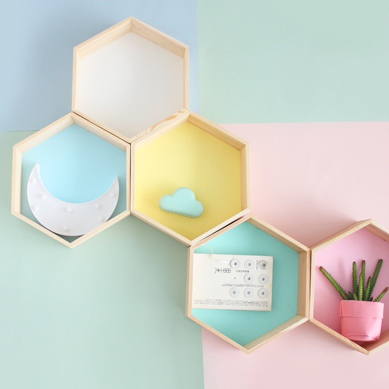Kids Room Decoration Shelf Wooden Pink White Honeycomb
